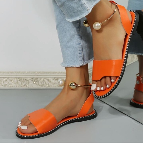 Orange Gold & Peal Bead Ankle Cuff Flat Sandals Size: 42 - Picture 6 of 14